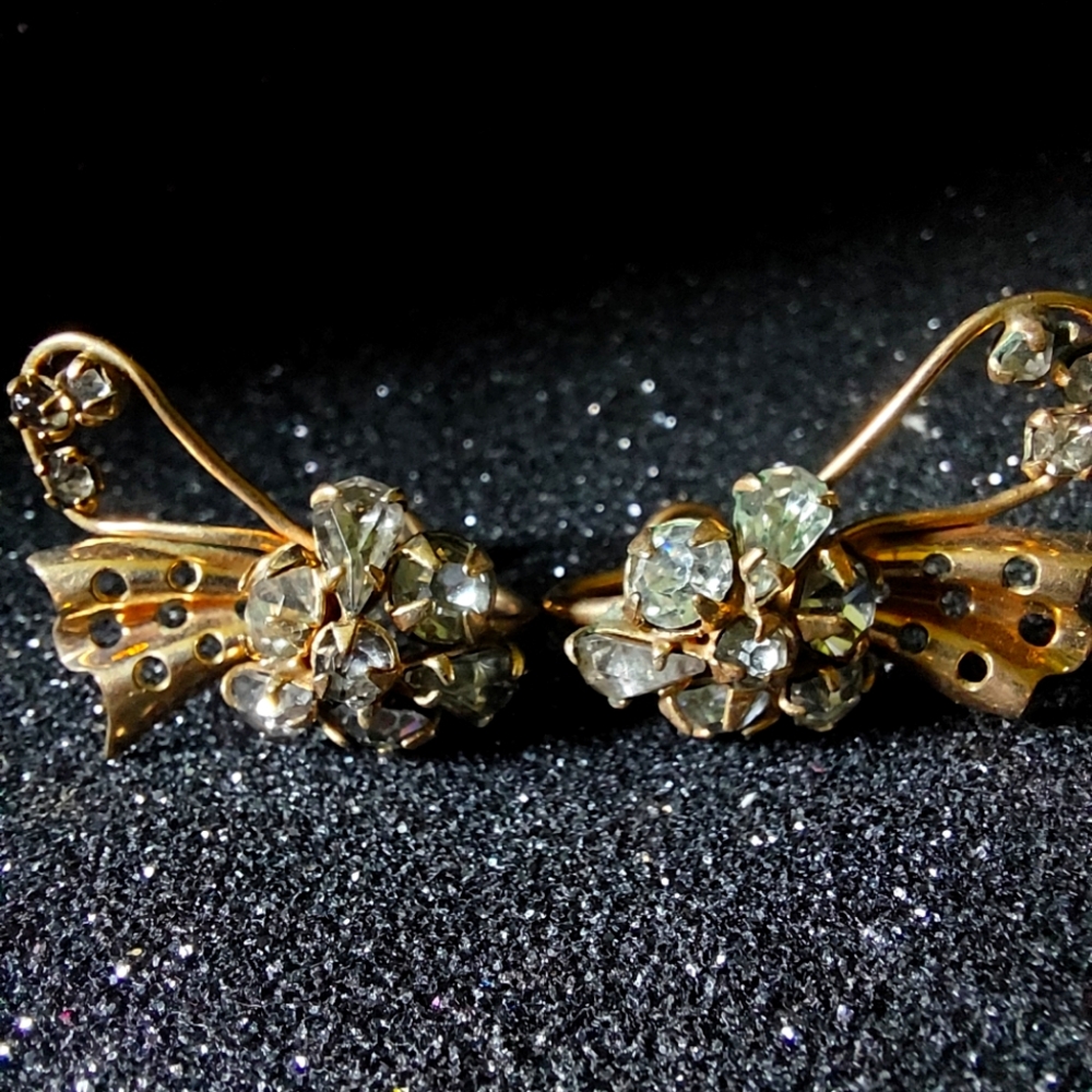 Vintage M&S 1/20 12K Gold Filled Rhinestone Bow Screw Back Earrings Retro 1940s
